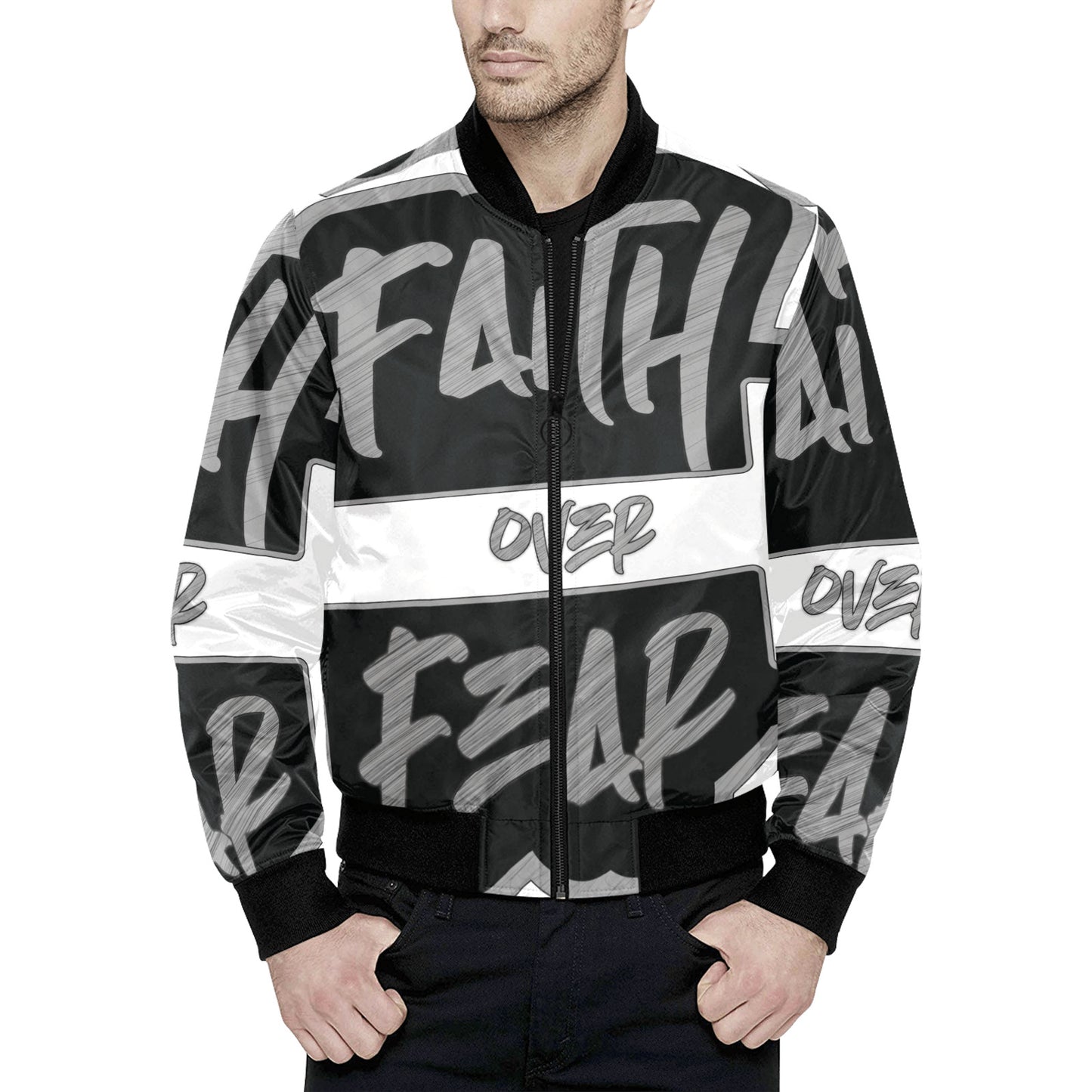 Faith over Fear All Over Print Quilted Bomber Jacket