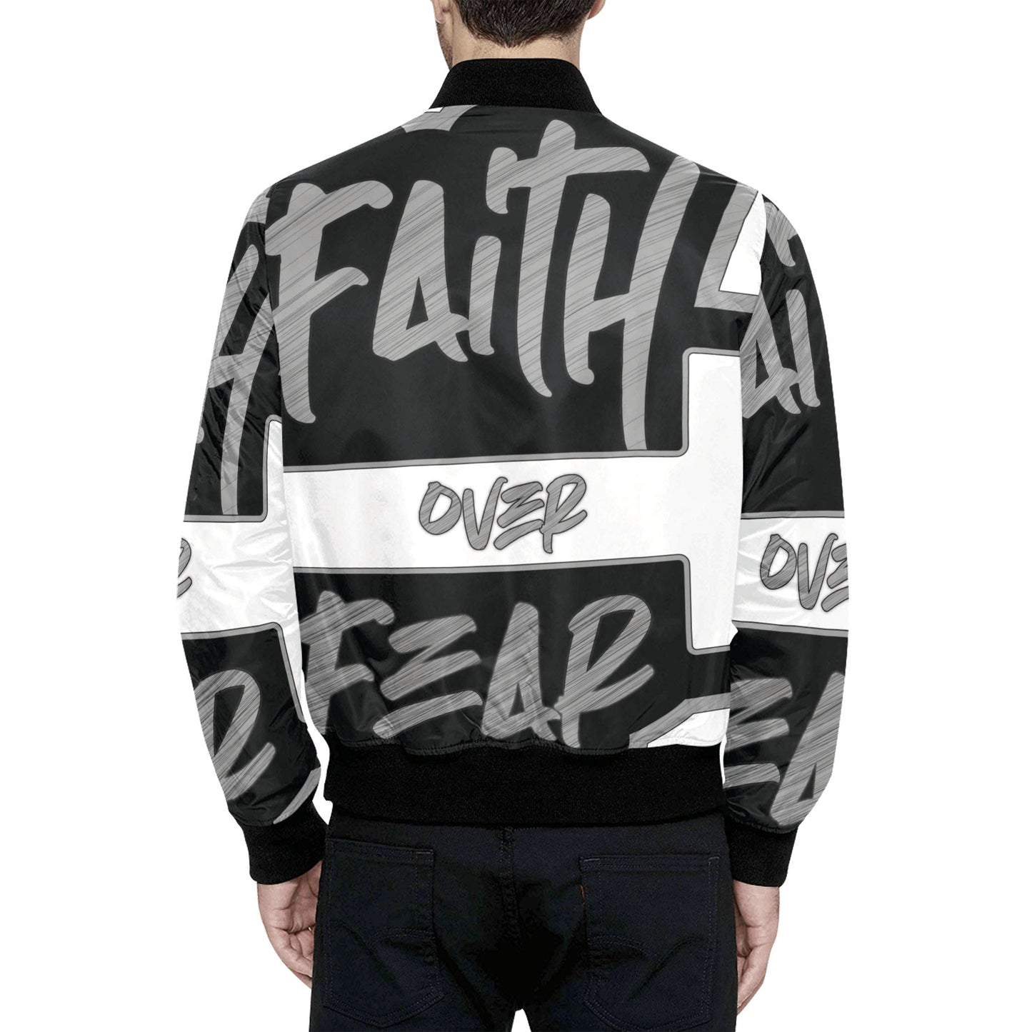 Faith over Fear All Over Print Quilted Bomber Jacket