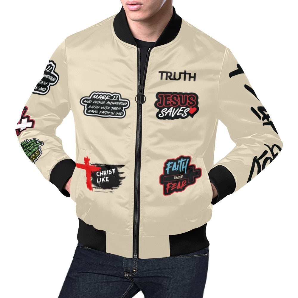 FRATERNITY OF FAITH BEIGE All Over Print Bomber Jacket