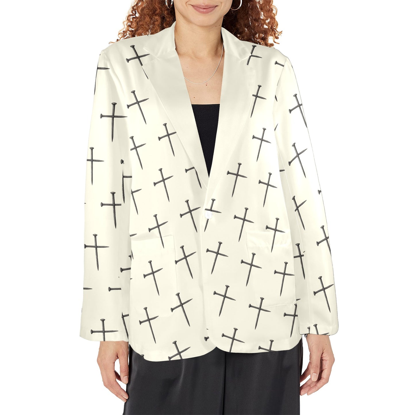 thin-black-cross-to-resemble Women's All Over Print Blazer (Model H64)