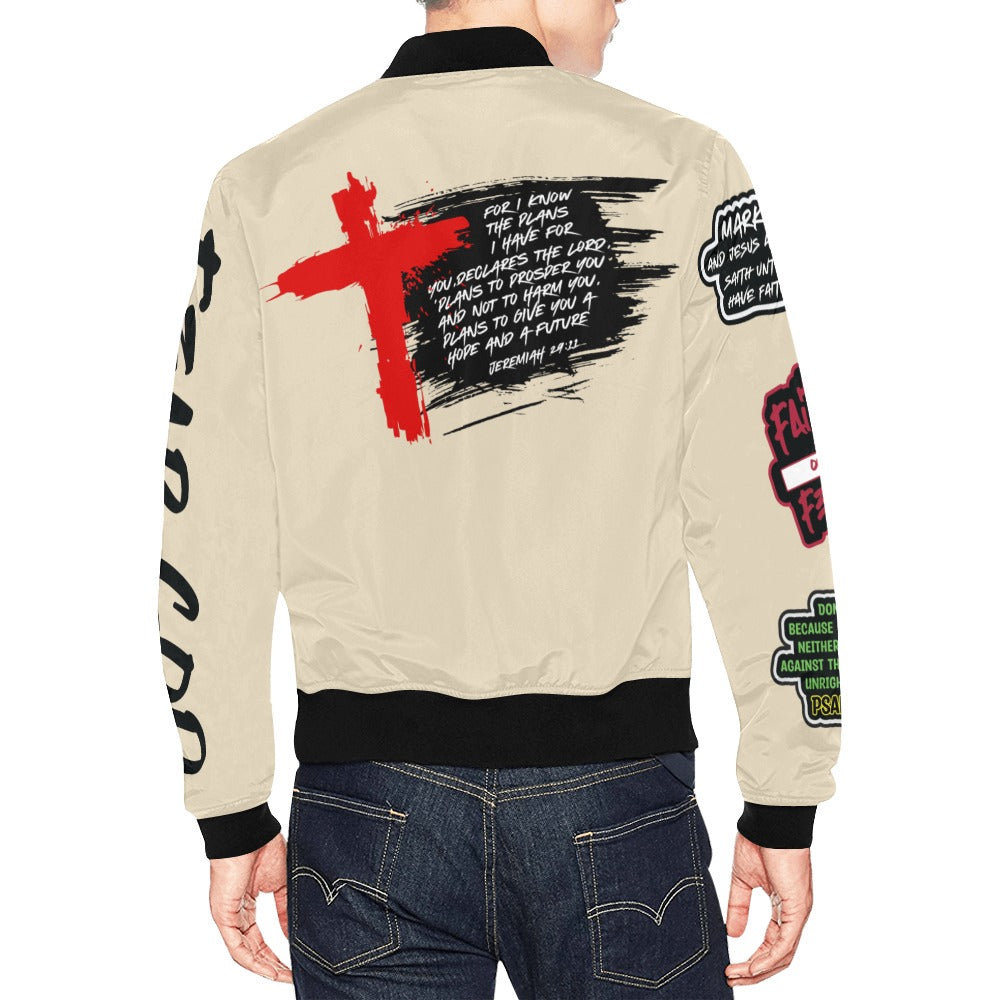 FRATERNITY OF FAITH BEIGE All Over Print Bomber Jacket