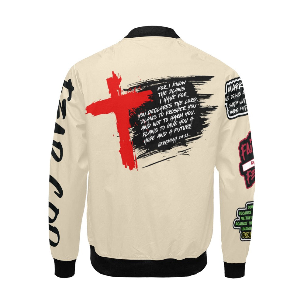 FRATERNITY OF FAITH BEIGE All Over Print Bomber Jacket