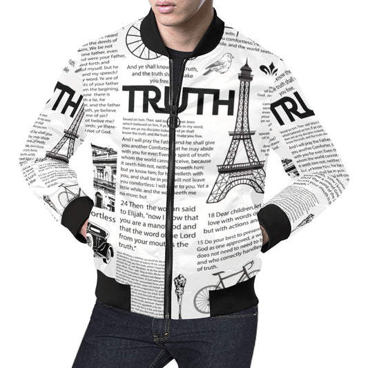 white scripture All Over Print Bomber Jacket for Men (Model H19)